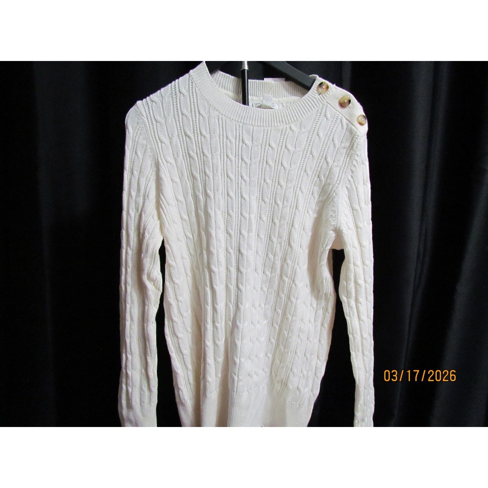 Cable Knit Button Shoulder Crewneck Sweater Womens White Preppy Long Sleeve